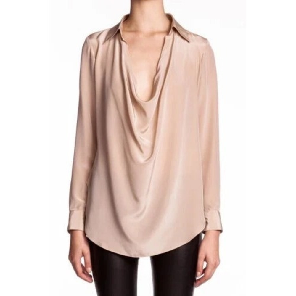 Karina Grimaldi Draped Silk Blouse Womens XS Beige Taupe Elegant Officeโ Top